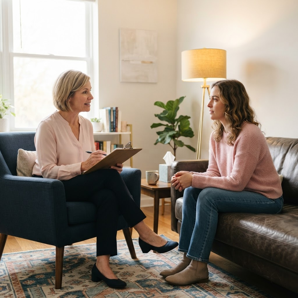 A therapist meeting with a client in a calm office